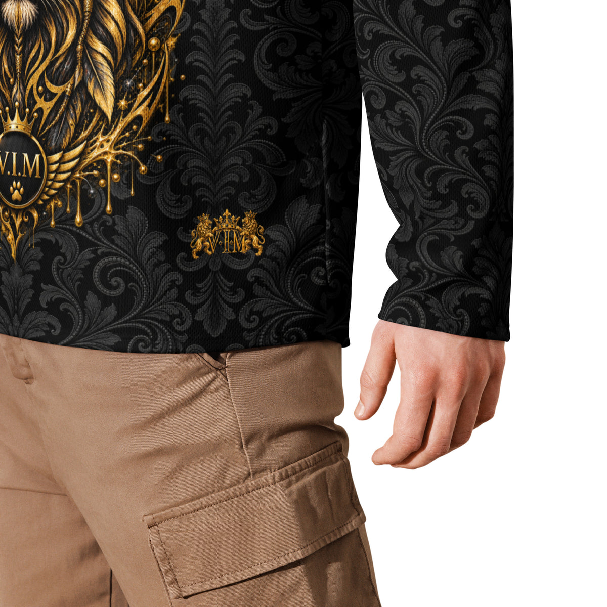 Velvet Ink Market Regal Black Leaf Lion Hockey Fan Jersey, close-up product detail featuring a gold lion on an ornate black leaf pattern (additional photo 3).
