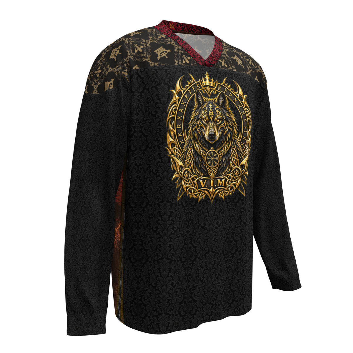 V.I.M Norse Wolf and Viking Union Jack hockey jersey front-right view, gold wolf crest on black damask