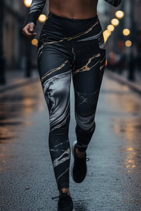 V.I.M Obsidian Marble Gold Born in the Shadow All-Over Print Leggings with Pockets - Velvet Ink Market (V.I.M)