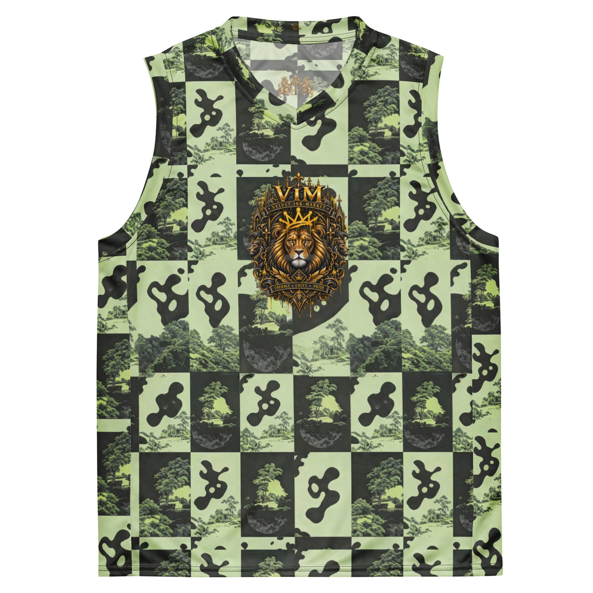 Front of green patchwork camouflage basketball jersey with woodland panels and a gold VIM lion crest on the chest