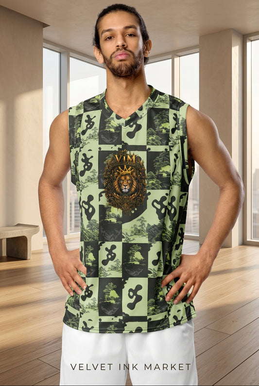 Velvet Ink Market Green Patchwork Camo Lion Basketball Jersey, front view featuring green patchwork camouflage and a gold lion crest.