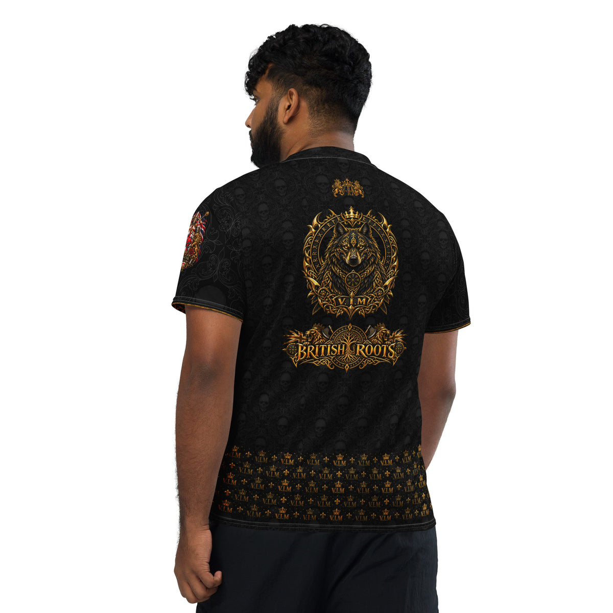 Velvet Ink Market British Roots Dragon Sports Jersey, back view featuring red and gold ornament with Viking dragon artwork (additional photo 2).