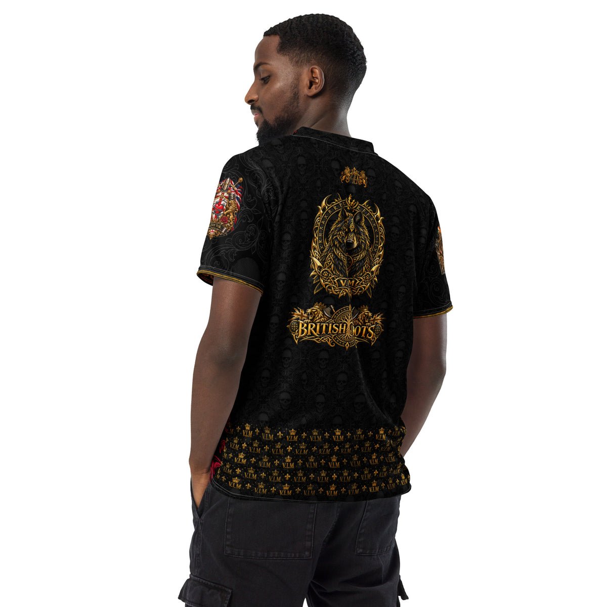 Velvet Ink Market British Roots Dragon Sports Jersey, back view featuring red and gold ornament with Viking dragon artwork (additional photo 3).