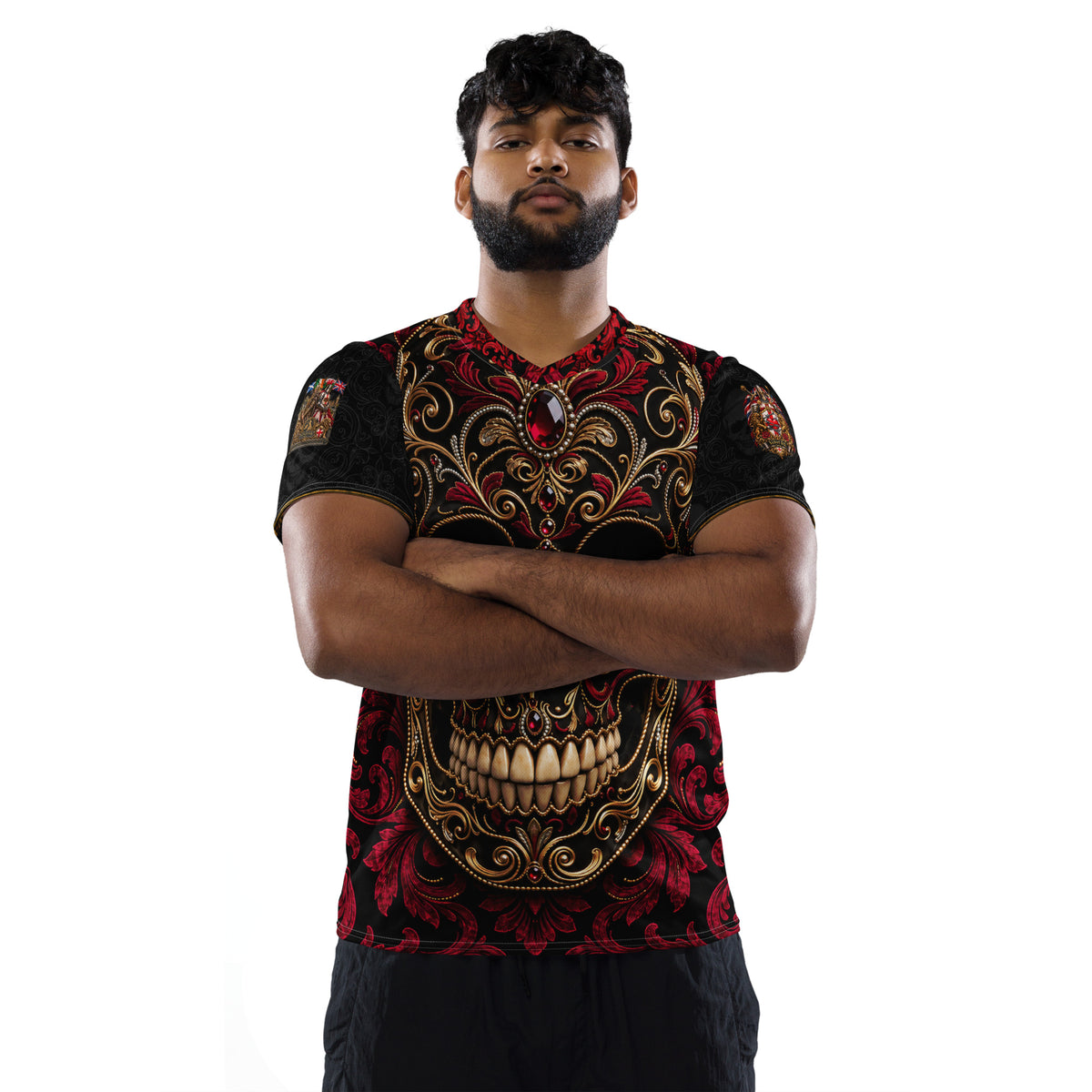 Velvet Ink Market British Roots Dragon Sports Jersey, front view featuring red and gold ornament with Viking dragon artwork (additional photo 5).
