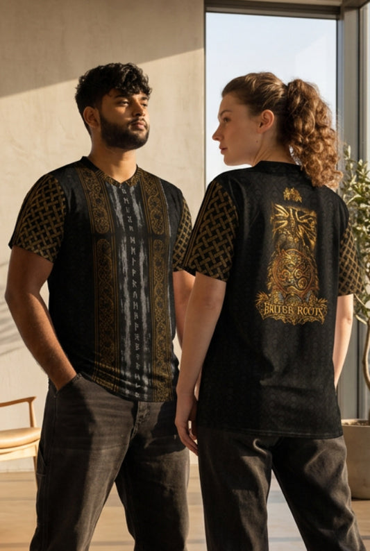 Velvet Ink Market Nordic Viking Sports Jersey, front view featuring Nordic patterns and Viking-themed artwork.