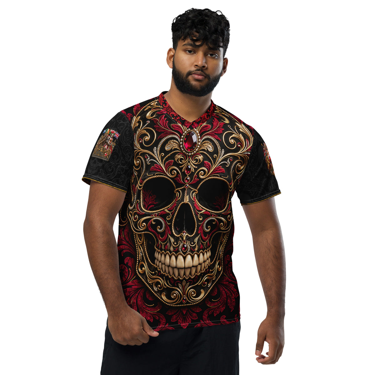 Velvet Ink Market British Roots Dragon Sports Jersey, front view featuring red and gold ornament with Viking dragon artwork (additional photo 4).