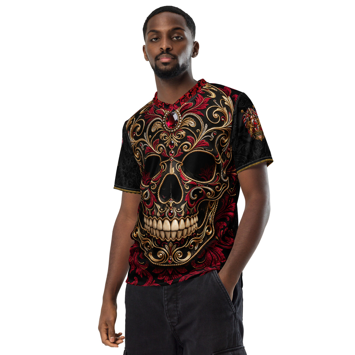 Velvet Ink Market British Roots Dragon Sports Jersey, front view featuring red and gold ornament with Viking dragon artwork (additional photo 6).