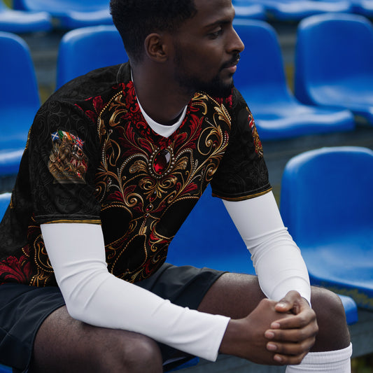 V.I.M Gothic Tribal Ornate Skull Sports Jersey, front view with red-and-gold baroque scrollwork and red jewel motif