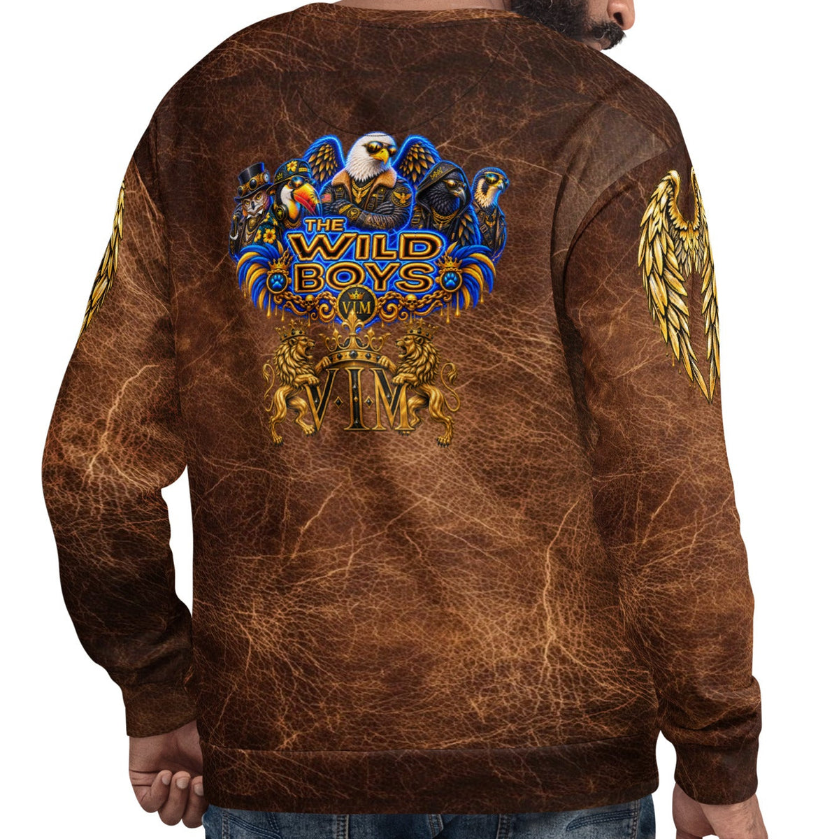 Velvet Ink Market Wild Boys Avian Edition Shadow & Gold Crest Sweatshirt worn by a model, back view showing the eagle-led Wild Boys crest