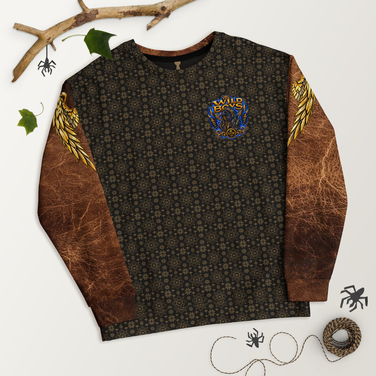 Velvet Ink Market Wild Boys Avian Edition Shadow & Gold Crest Sweatshirt, flat front view of the black and gold lattice body and brown leather-look sleeves