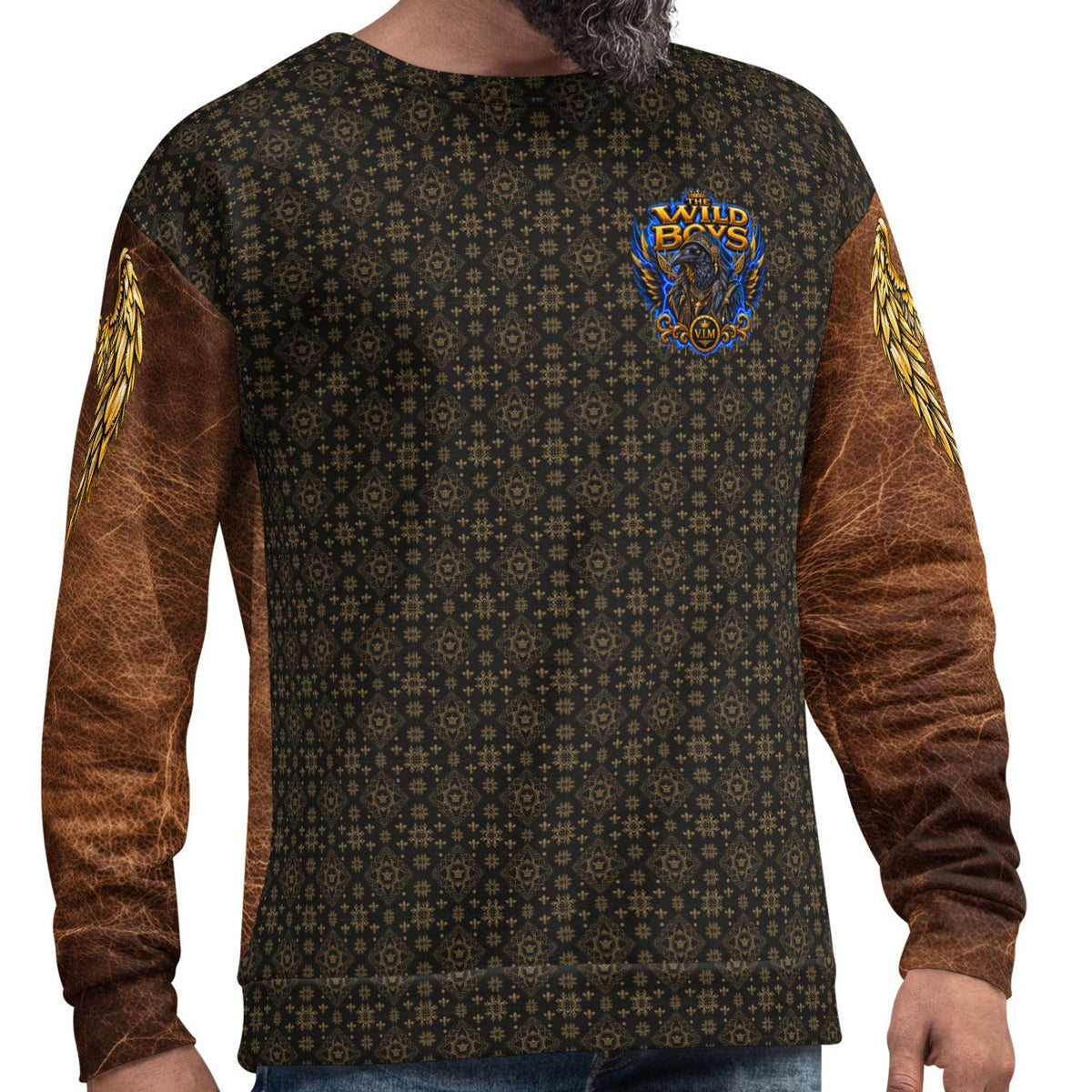Velvet Ink Market Wild Boys Avian Edition Shadow & Gold Crest Sweatshirt worn by a model, front view with gold lattice body, chest crest and golden-feather sleeves