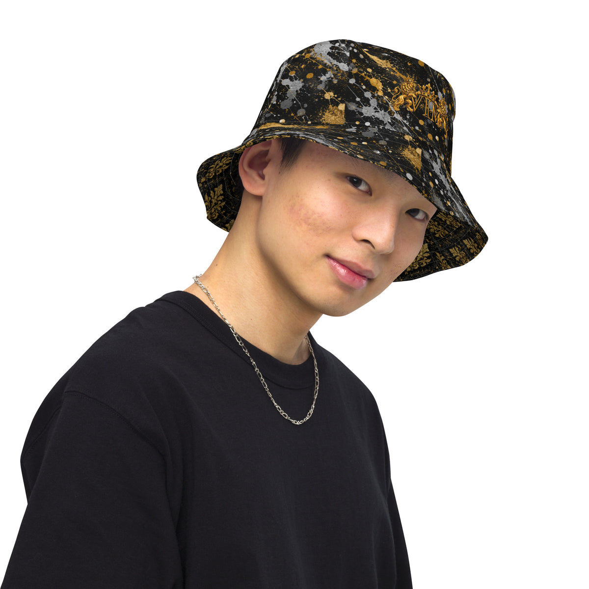 Family Pride Black & Gold Reversible Bucket Hat — right front view