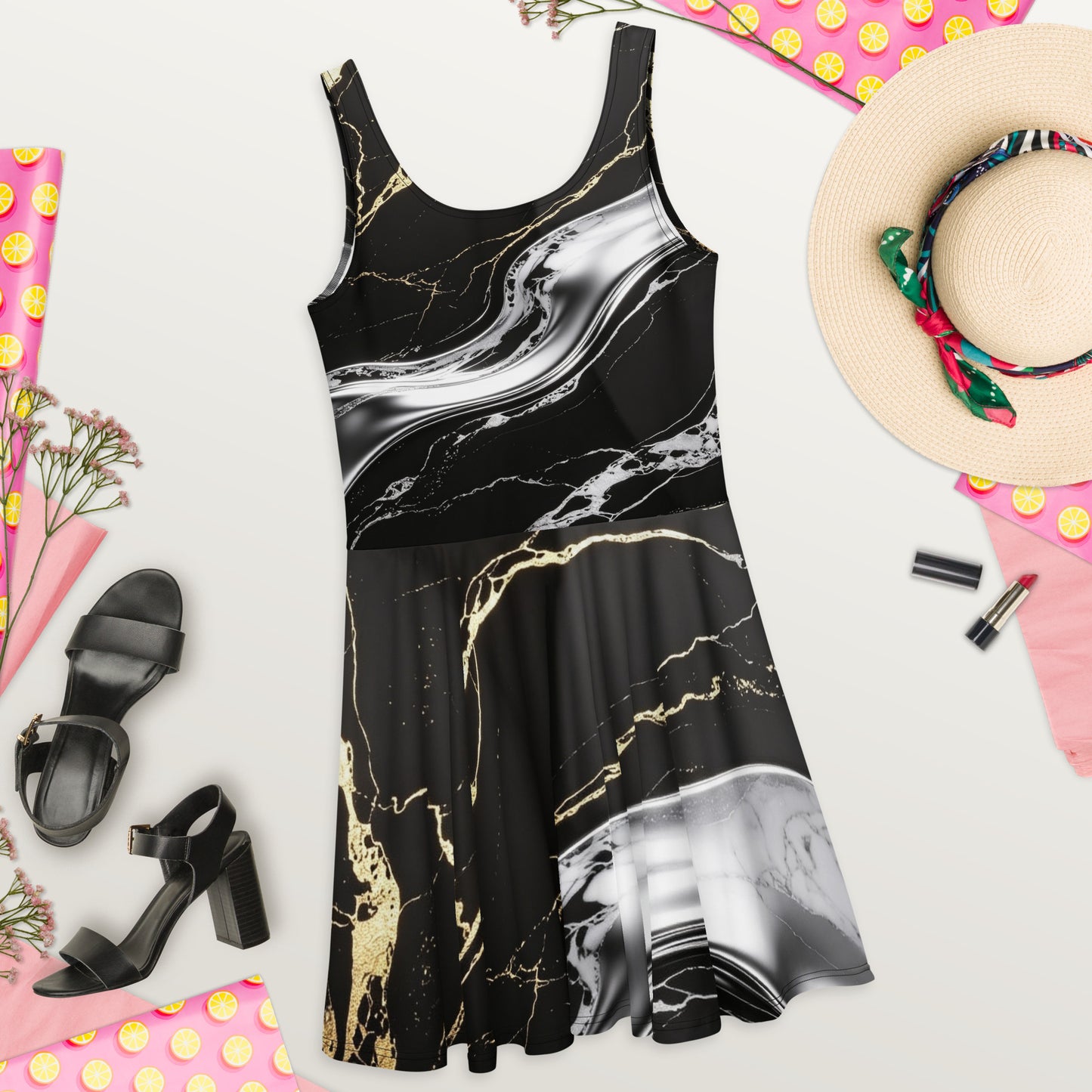 Obsidian & Gold Marble Skater Dress - Velvet Ink Market (V.I.M)