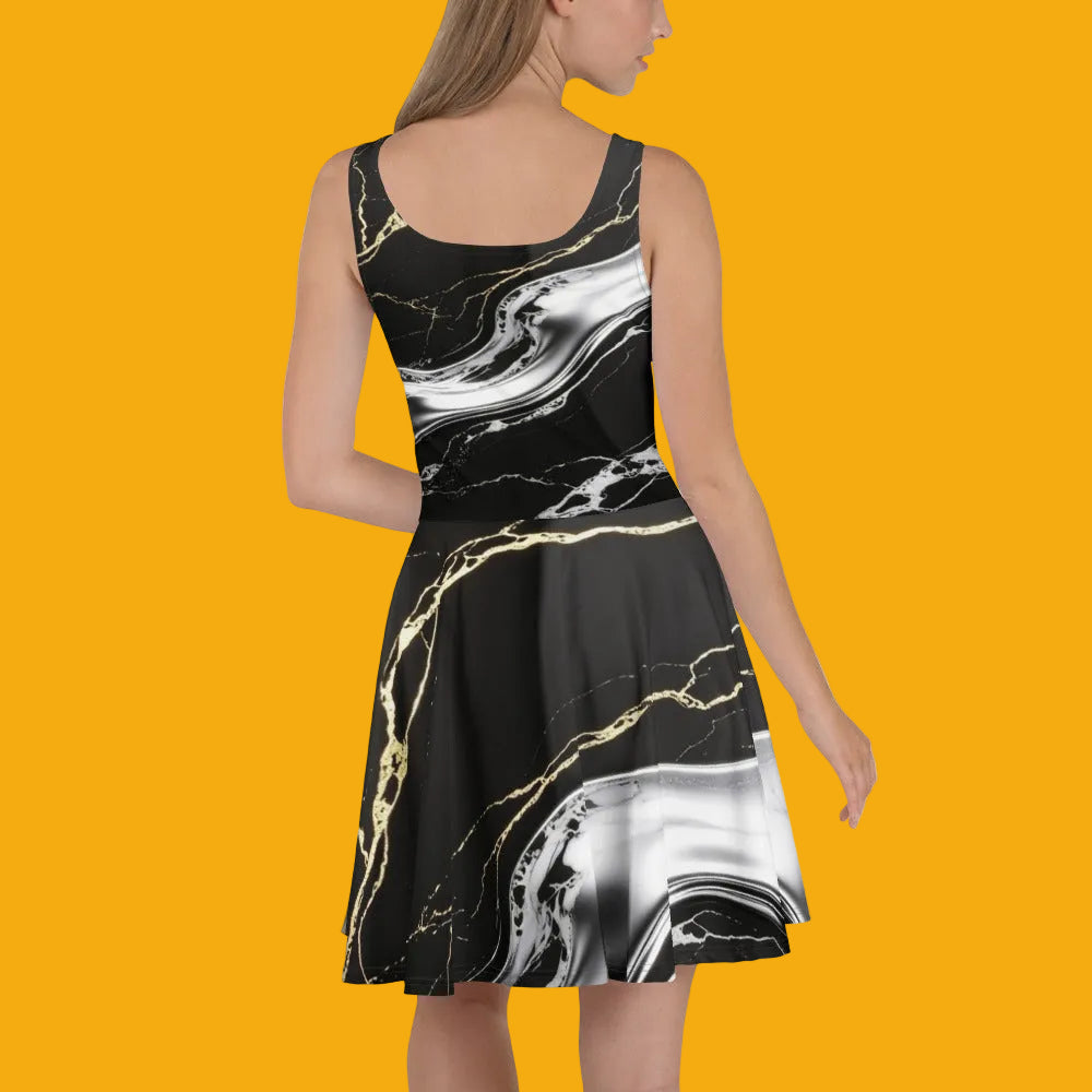 Obsidian & Gold Marble Skater Dress - Velvet Ink Market (V.I.M)