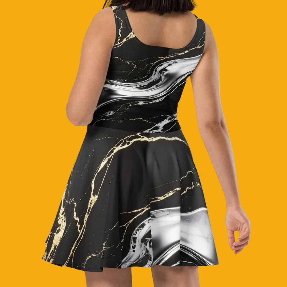 Obsidian & Gold Marble Skater Dress - Velvet Ink Market (V.I.M)