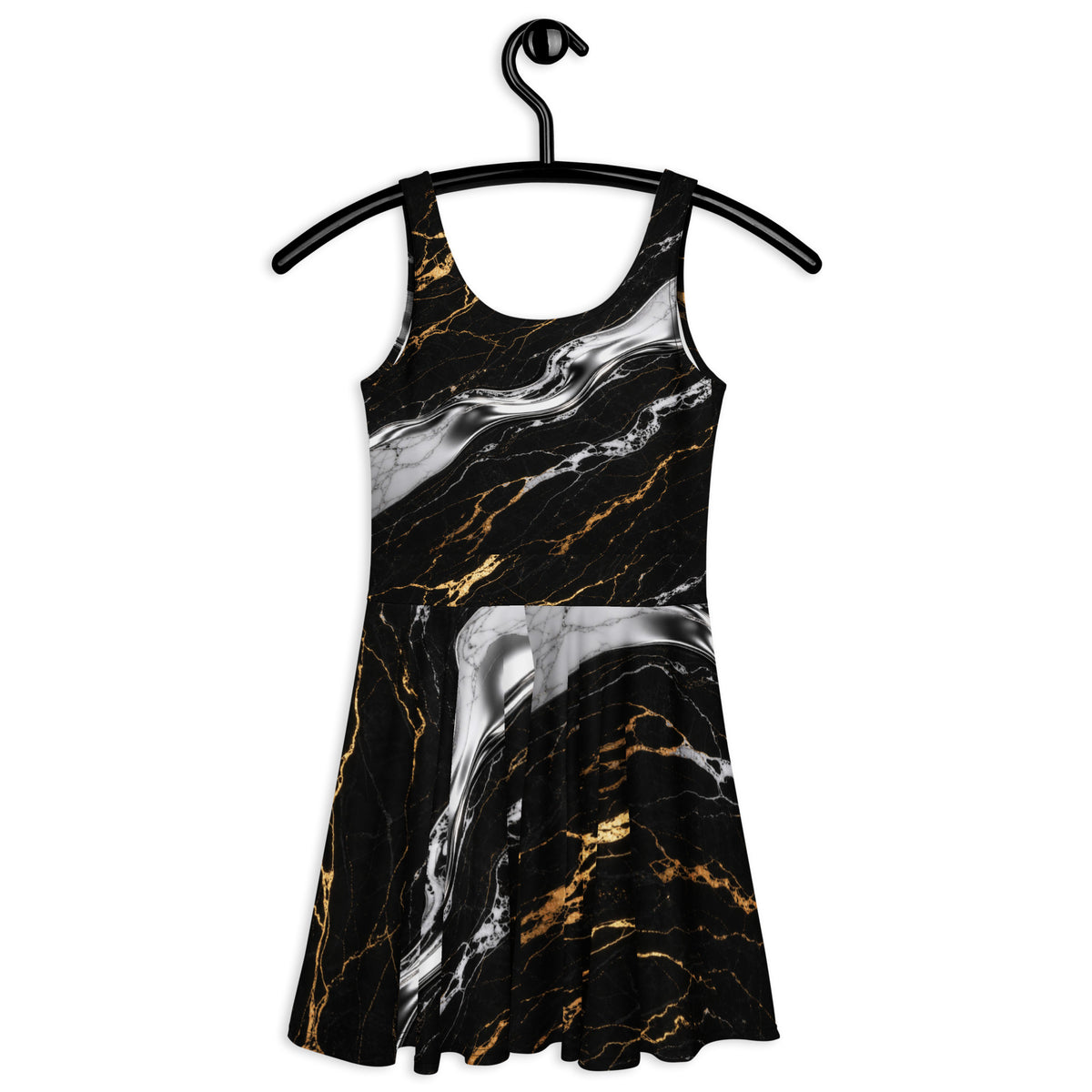 A sleeveless fit-and-flare dress with a black marble print featuring white and gold veining, displayed on a black hanger against a plain white background.