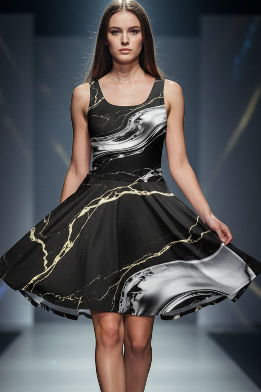 Obsidian & Gold Marble Skater Dress - Velvet Ink Market (V.I.M)