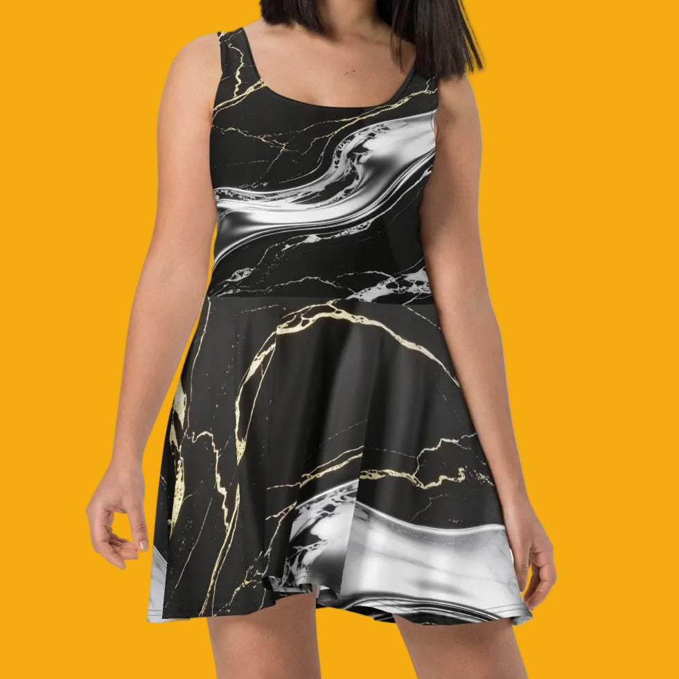 Obsidian & Gold Marble Skater Dress - Velvet Ink Market (V.I.M)