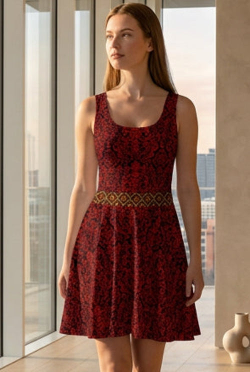Velvet Ink Market Red Leaf Skater Dress, front view featuring ornate red foliage and gold decoration (additional photo 2).