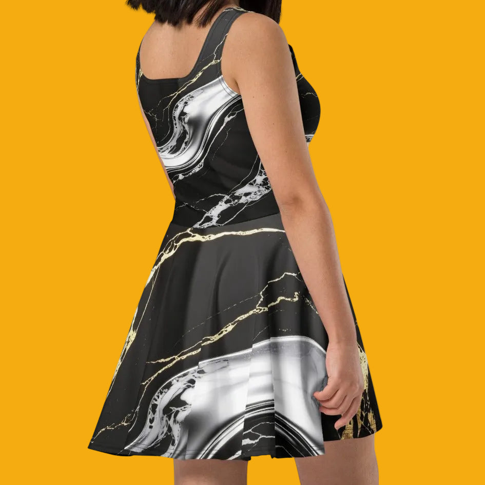 Obsidian & Gold Marble Skater Dress - Velvet Ink Market (V.I.M)