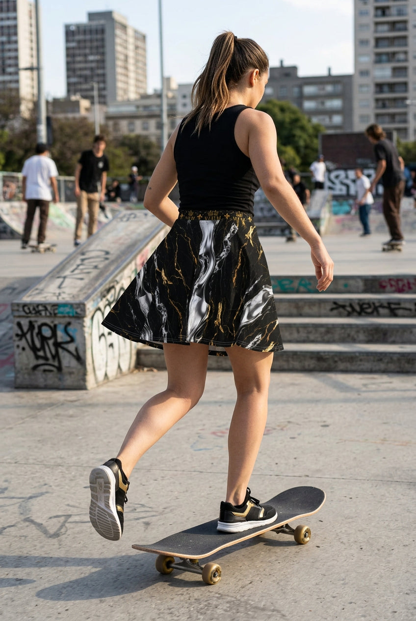 V.I.M flared skater skirt with black and gold marble print