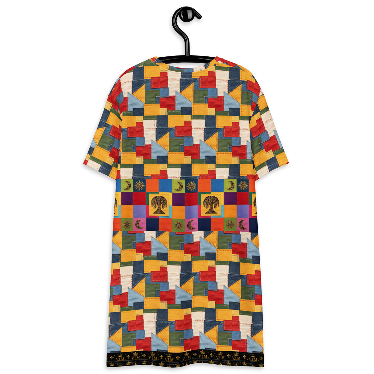 A short-sleeve tunic dress with a colorful geometric patchwork pattern, hanging on a black hanger against a plain white background.
