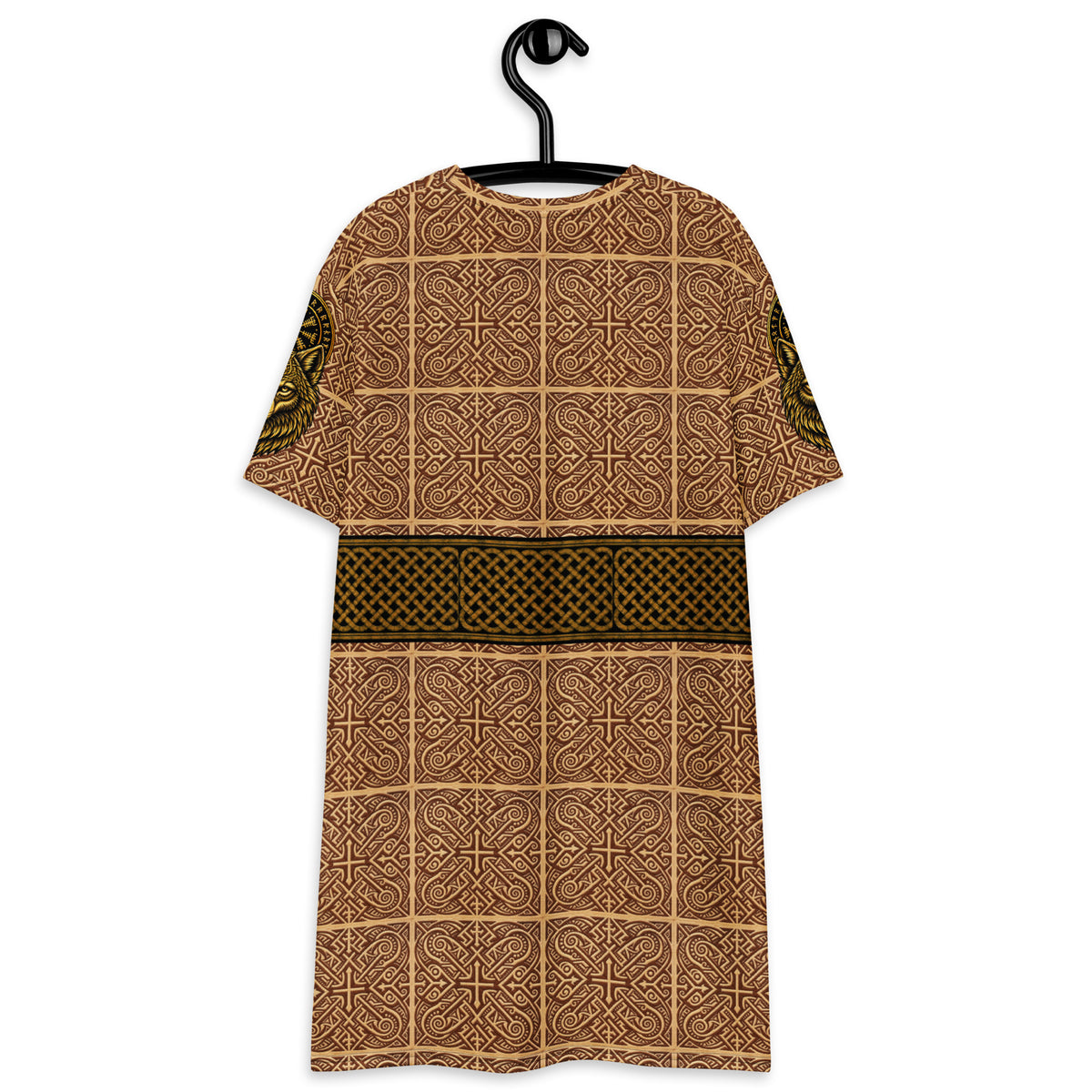 A short-sleeve t-shirt dress with an intricate brown and beige geometric pattern, featuring a wide black and gold patterned band across the waist, displayed on a black hanger against a white background.