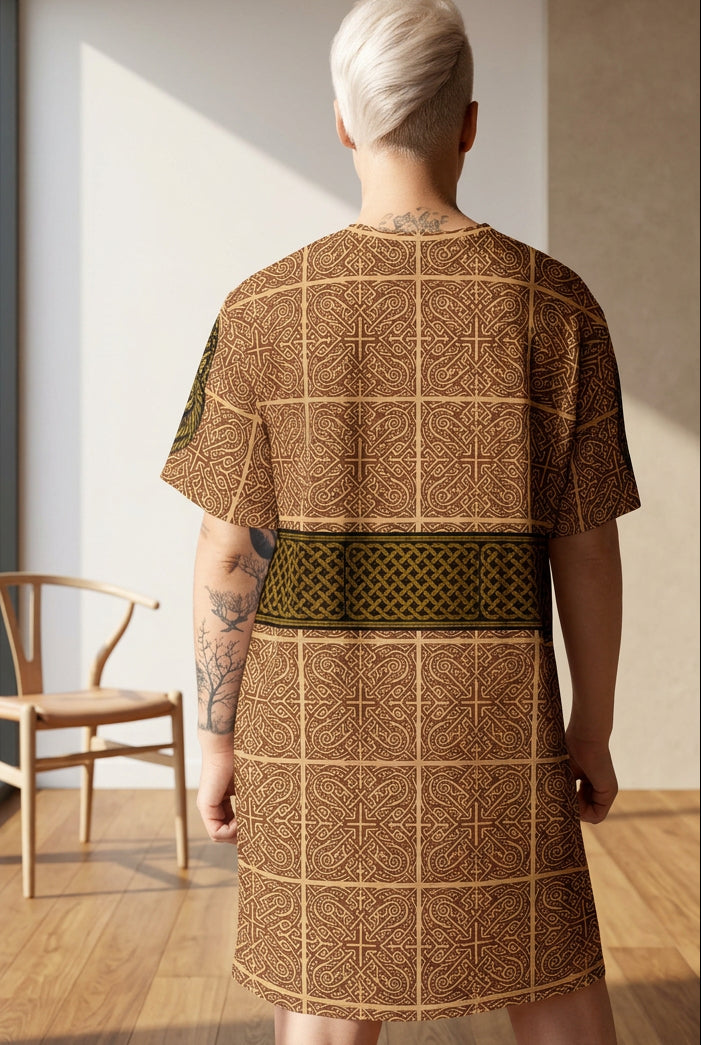 A person shown from the back wearing a short-sleeve dress with an all-over brown and tan geometric pattern and a darker patterned horizontal band at the waist, against a plain white background.