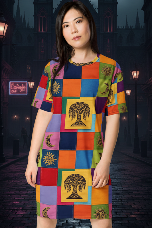 V.I.M Nordic Patchwork Tree of Life Tribal All Over Print T-shirt dress - Velvet Ink Market (V.I.M)