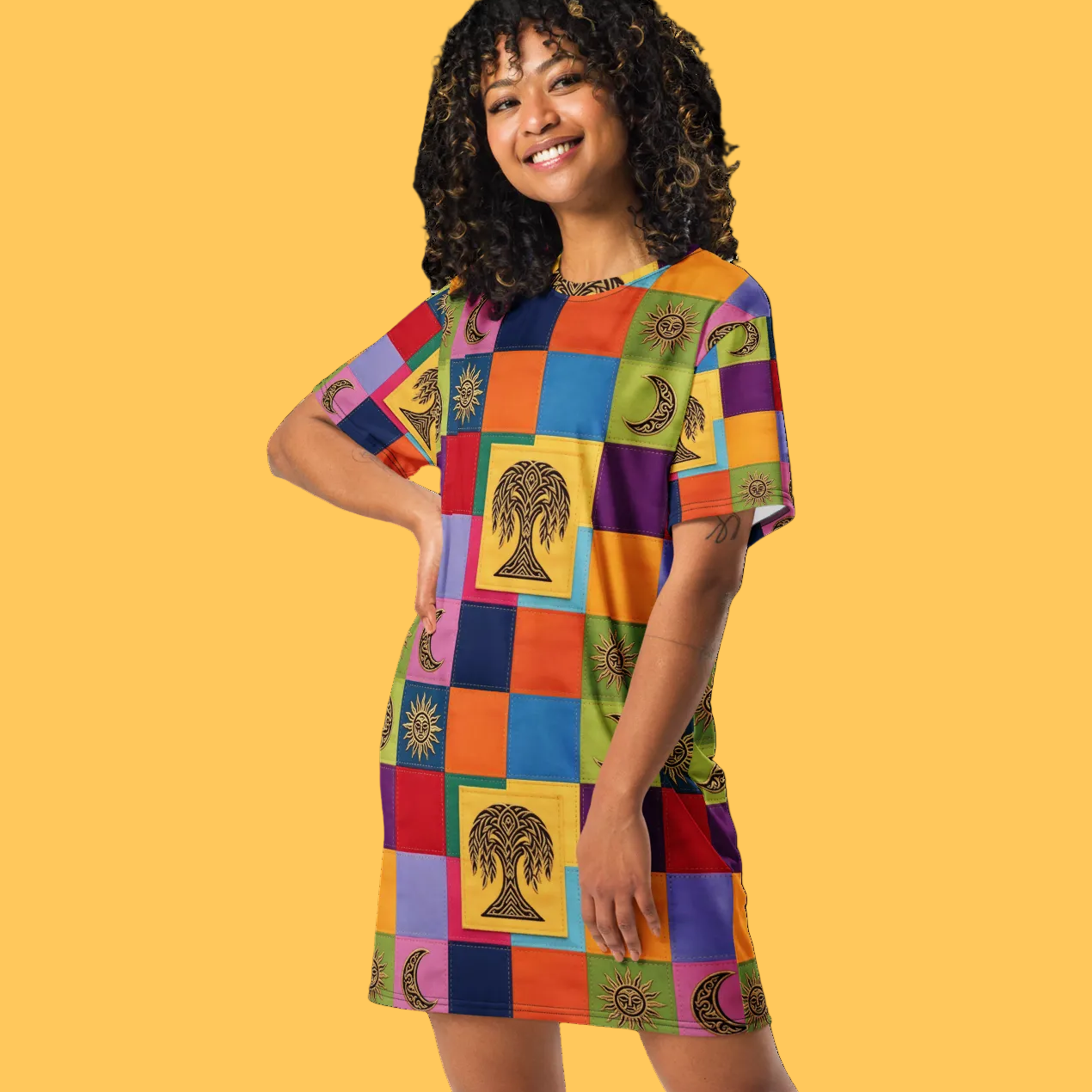 V.I.M Nordic Patchwork Tree of Life Tribal All Over Print T-shirt dress - Velvet Ink Market (V.I.M)