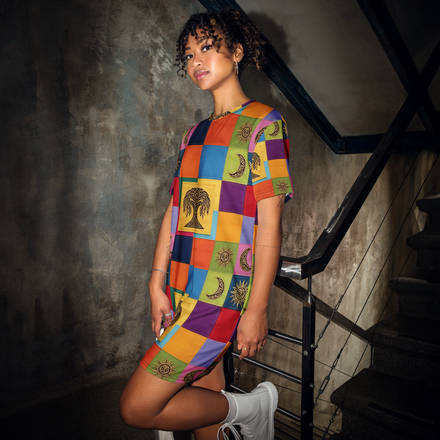 V.I.M Nordic Patchwork Tree of Life Tribal All Over Print T-shirt dress - Velvet Ink Market (V.I.M)