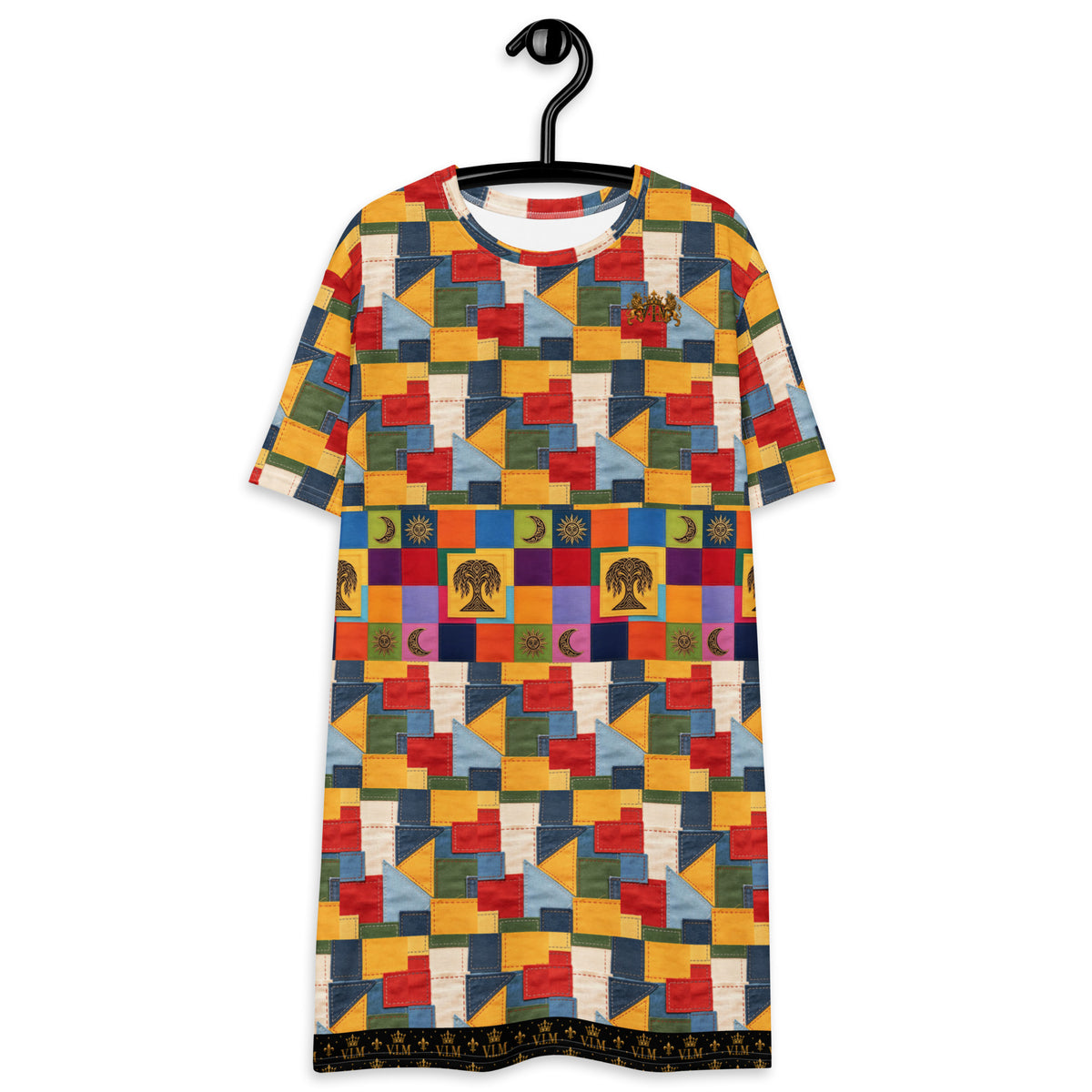A short-sleeve tunic dress with a colorful geometric patchwork pattern, hanging on a black hanger against a plain white background.