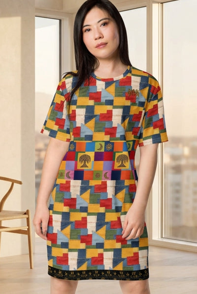 A woman modeling a short-sleeve mini dress with a colorful geometric patchwork pattern featuring red, yellow, blue, green, and beige blocks, along with small tree and moon symbols, against a plain white background.