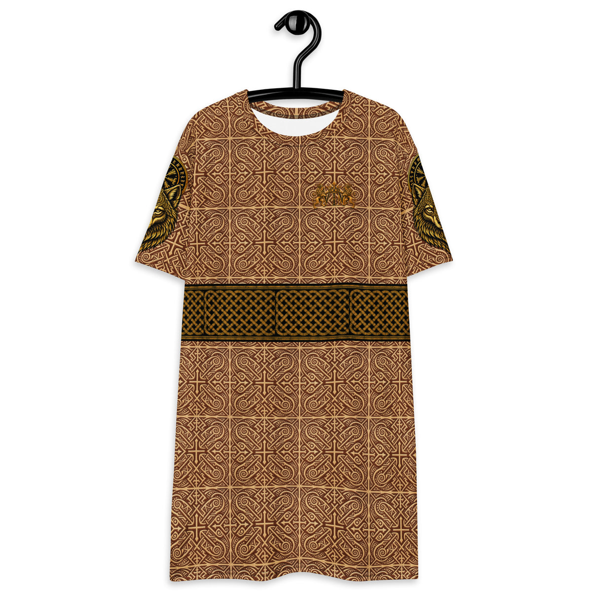 A short-sleeve tunic dress with an all-over brown and gold geometric pattern, featuring a solid dark brown band across the waist and a small gold emblem on the chest, hanging on a black hanger against a white background.