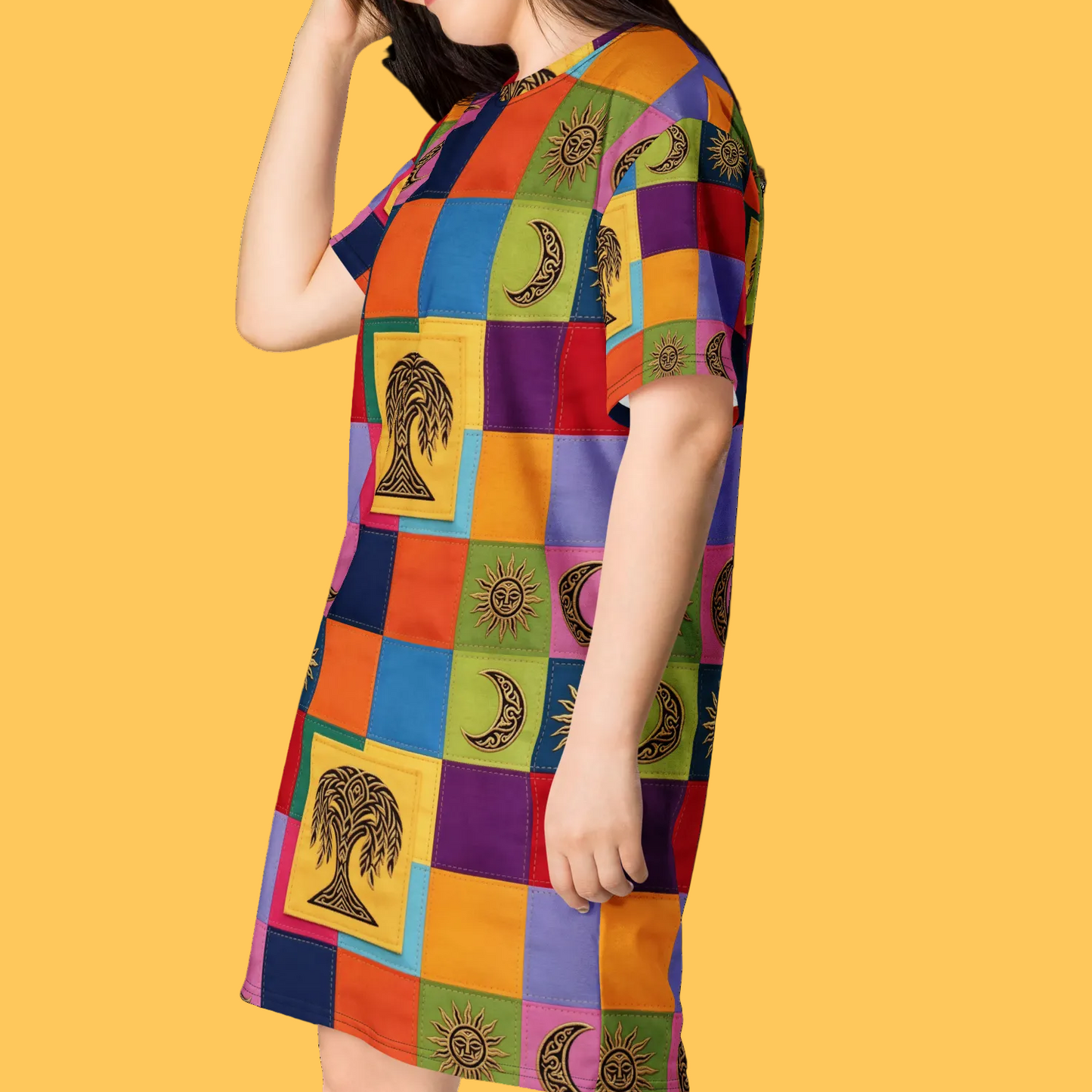 V.I.M Nordic Patchwork Tree of Life Tribal All Over Print T-shirt dress - Velvet Ink Market (V.I.M)