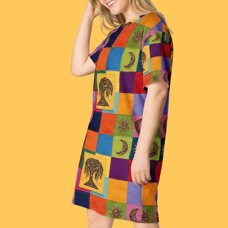 V.I.M Nordic Patchwork Tree of Life Tribal All Over Print T-shirt dress - Velvet Ink Market (V.I.M)