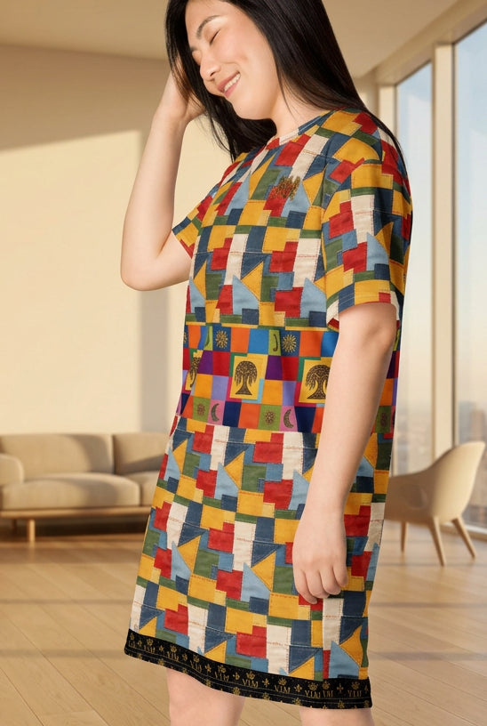 A woman wearing a short-sleeve A-line nightgown with a colorful geometric patchwork pattern, shown from a side profile against a plain white background.