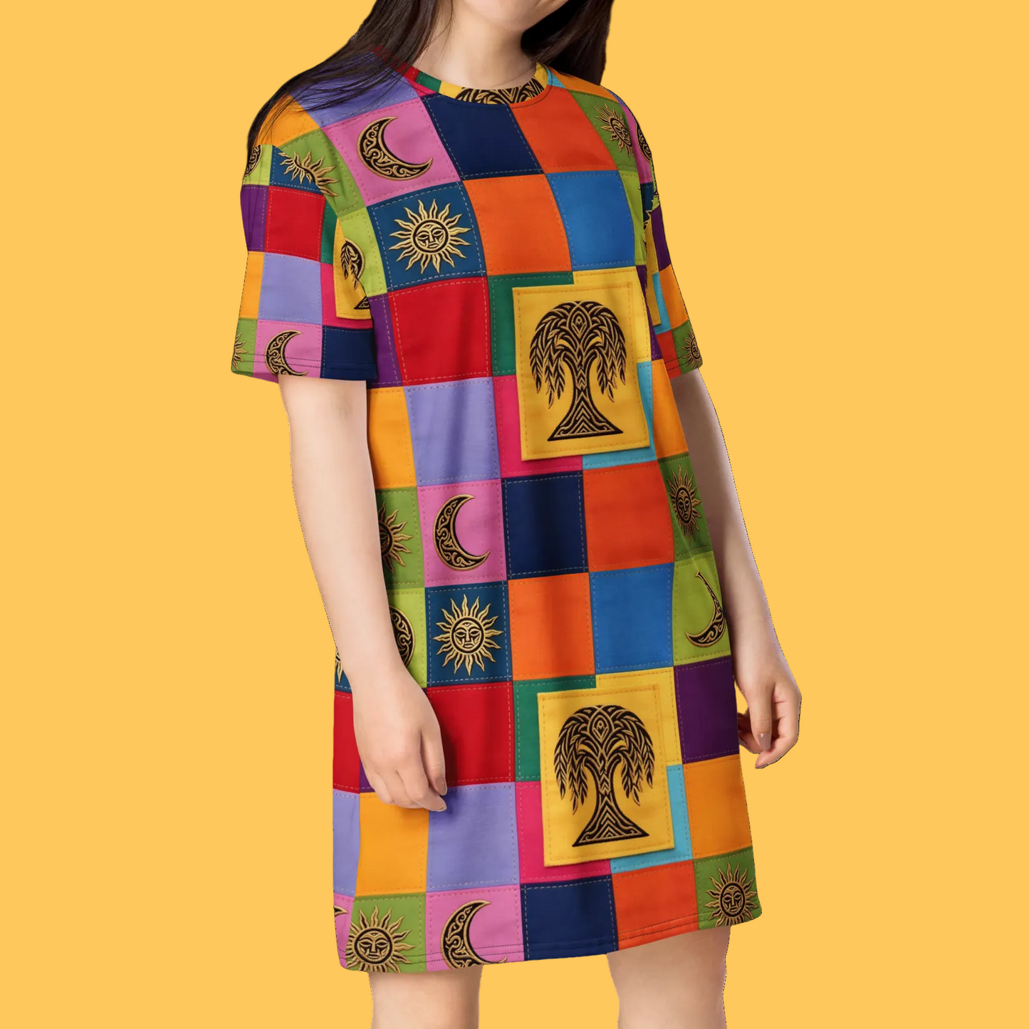 V.I.M Nordic Patchwork Tree of Life Tribal All Over Print T-shirt dress - Velvet Ink Market (V.I.M)