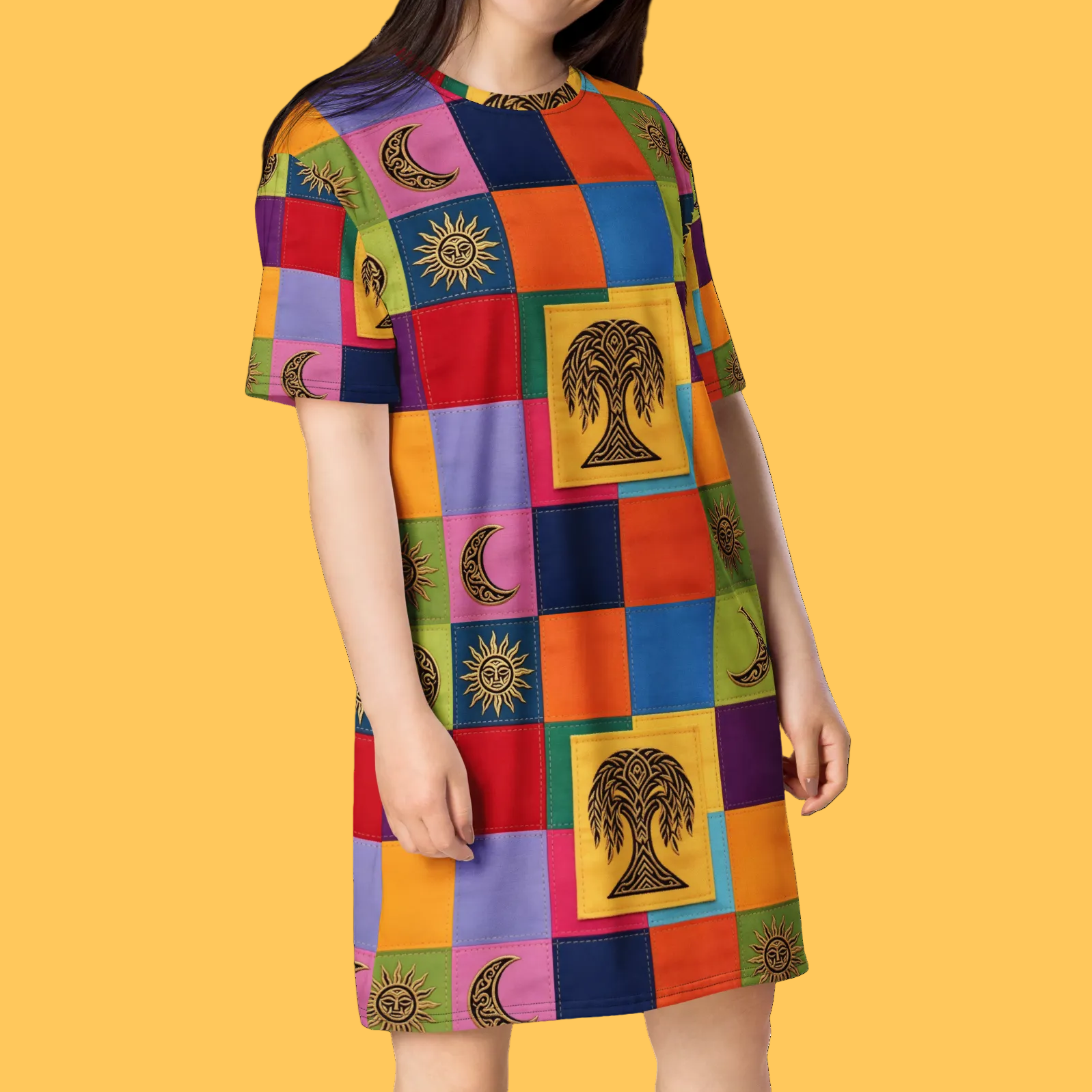 V.I.M Nordic Patchwork Tree of Life Tribal All Over Print T-shirt dress - Velvet Ink Market (V.I.M)