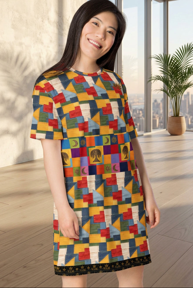 A woman modeling a short-sleeve A-line dress with a colorful geometric patchwork pattern in red, yellow, blue, green, and beige, featuring crescent moon and sun motifs, on a solid white background.