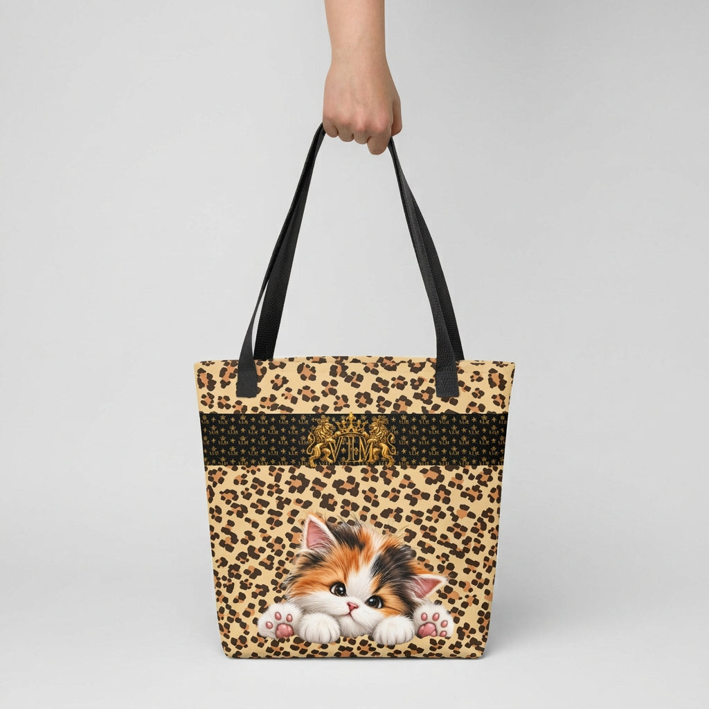 V.I.M kitten leopard-print tote bag carried by a model