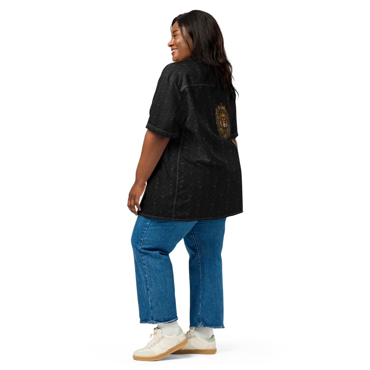 Tribal Skull Family Pride Shirt for eco-conscious wearers, button front, black with skull pattern, breathable and