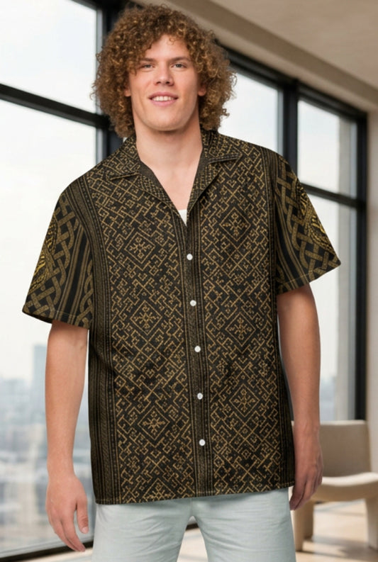 Velvet Ink Market British Roots Nordic Button Shirt, front view featuring British Roots lettering with Nordic styling (additional photo 2).