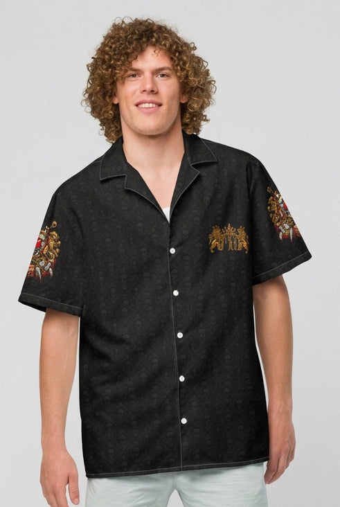 Velvet Ink Market Black Skull VIM Crest Button Shirt, front view featuring tonal black skulls and a gold VIM lion crest (additional photo 2).