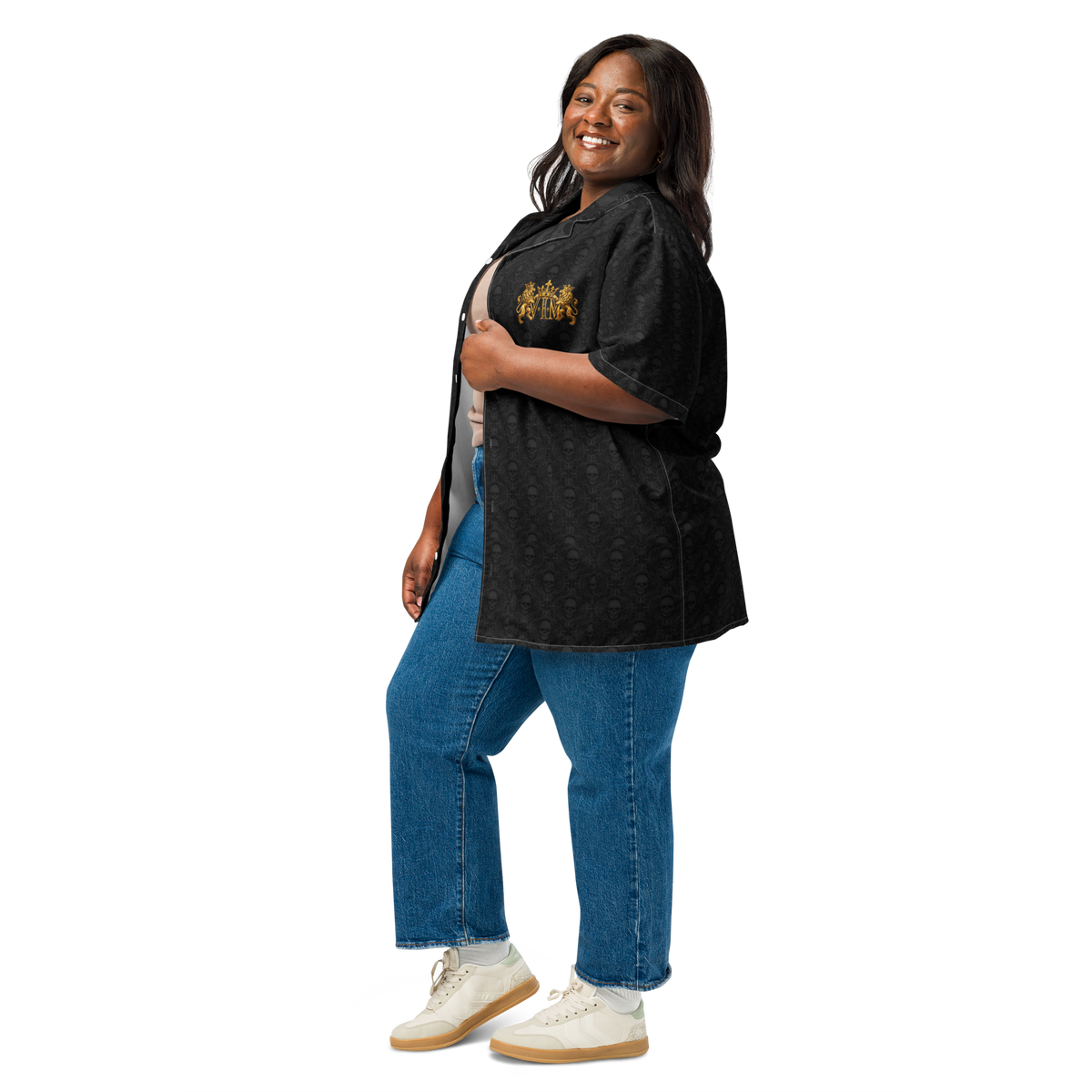 Tribal Skull Family Pride Shirt for eco-conscious wearers, black button-front shirt with gold crest, paired with blue jeans