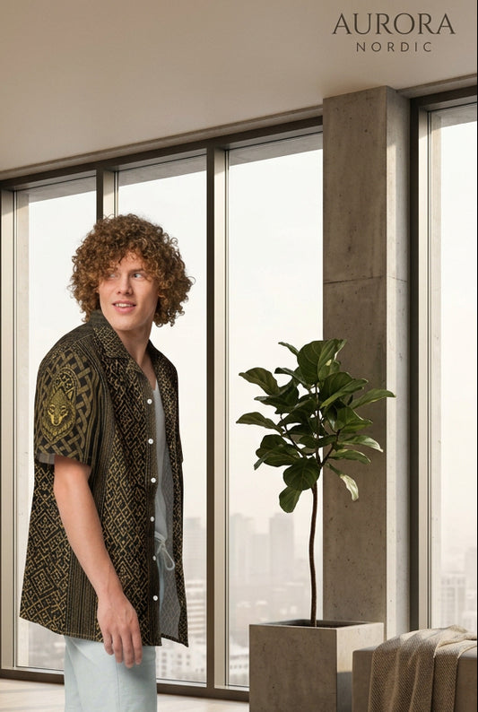 Velvet Ink Market British Roots Nordic Button Shirt, right view featuring British Roots lettering with Nordic styling.
