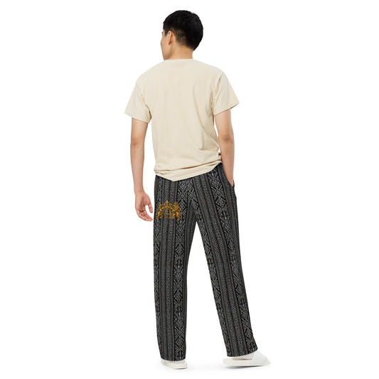 Velvet Ink Market Nordic Pattern Wide-Leg Pants, back view featuring repeating Nordic-inspired geometric patterns.