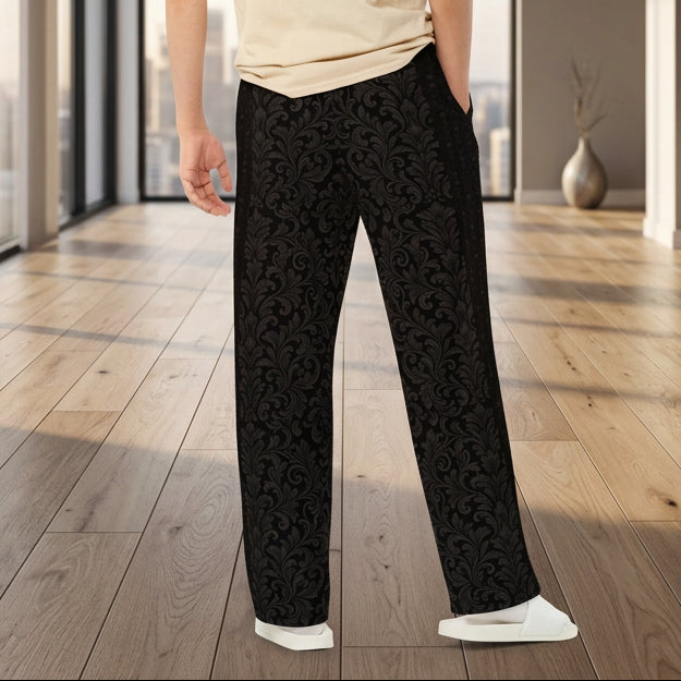 V.I.M Black Damask Wide-Leg Pants, additional back view showing the black-on-charcoal damask design.