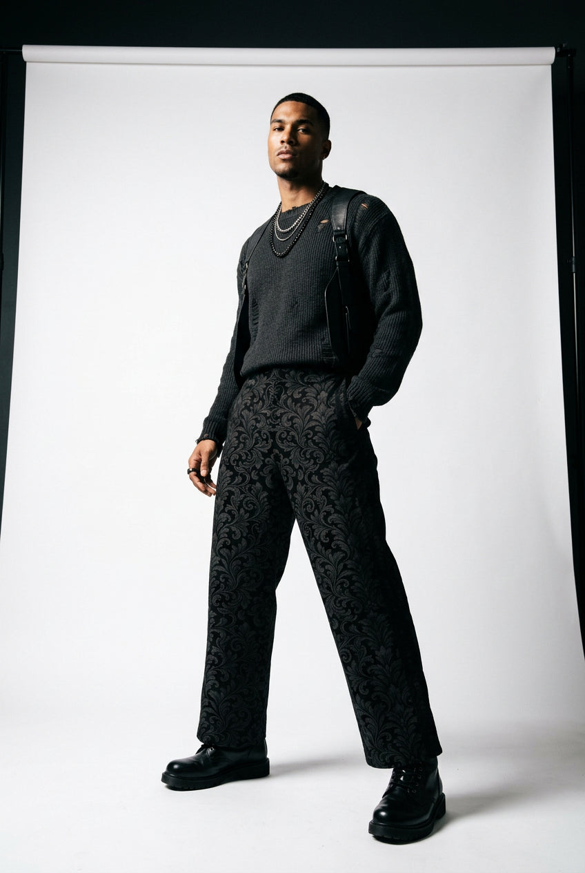 V.I.M Black Damask Wide-Leg Pants, back view of the tonal black and charcoal scrolling foliage print.