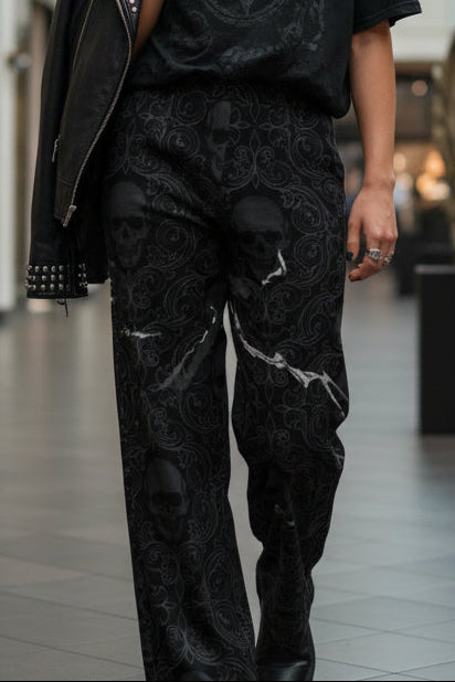 V.I.M Tribal Skull Motive All-Over Print Wide-Leg Pants - Velvet Ink Market (V.I.M)